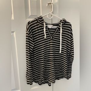 Soft and cozy like new shirt with hoodie, XS, dark grey and white striped